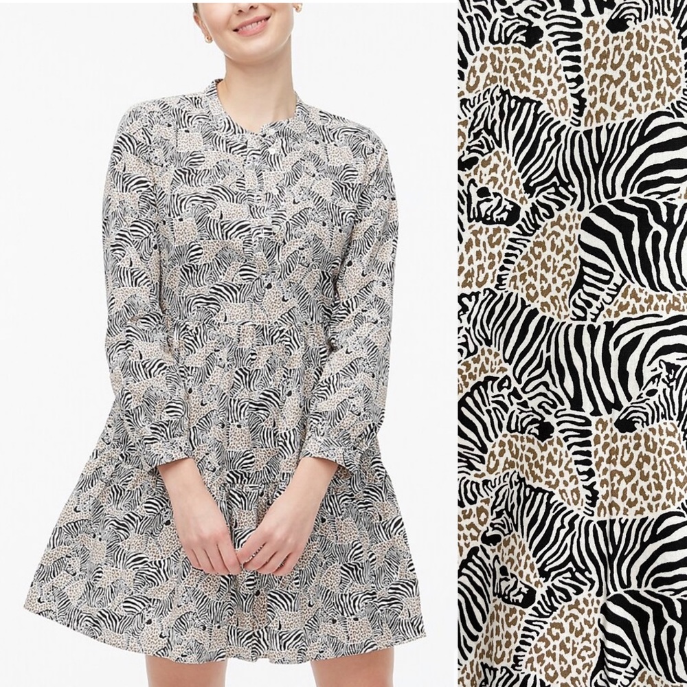 J. Crew Factory Zebra Novelty Animal-print tiered dress in cotton poplin size XL